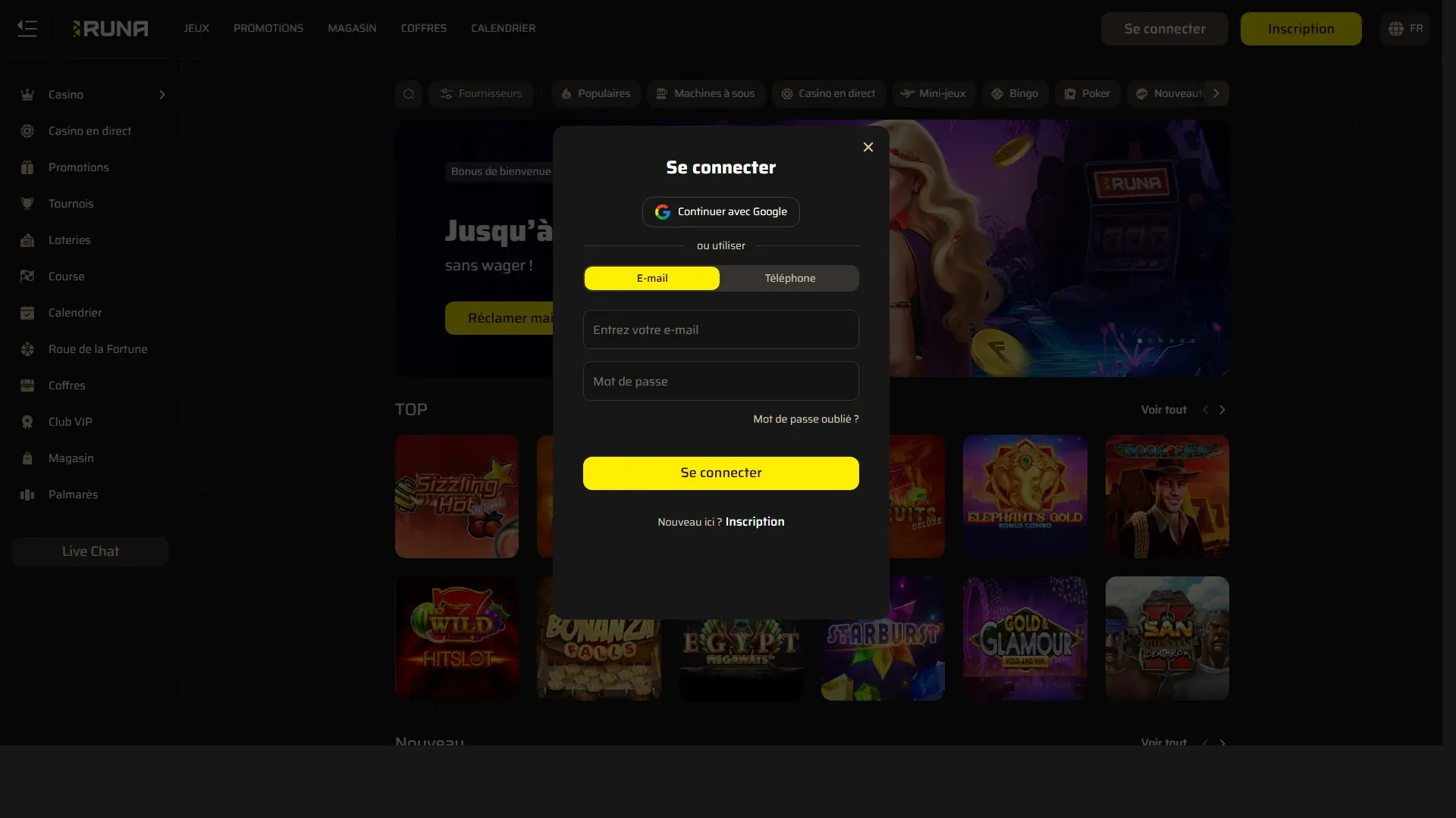 Page de connexion Runa Casino
