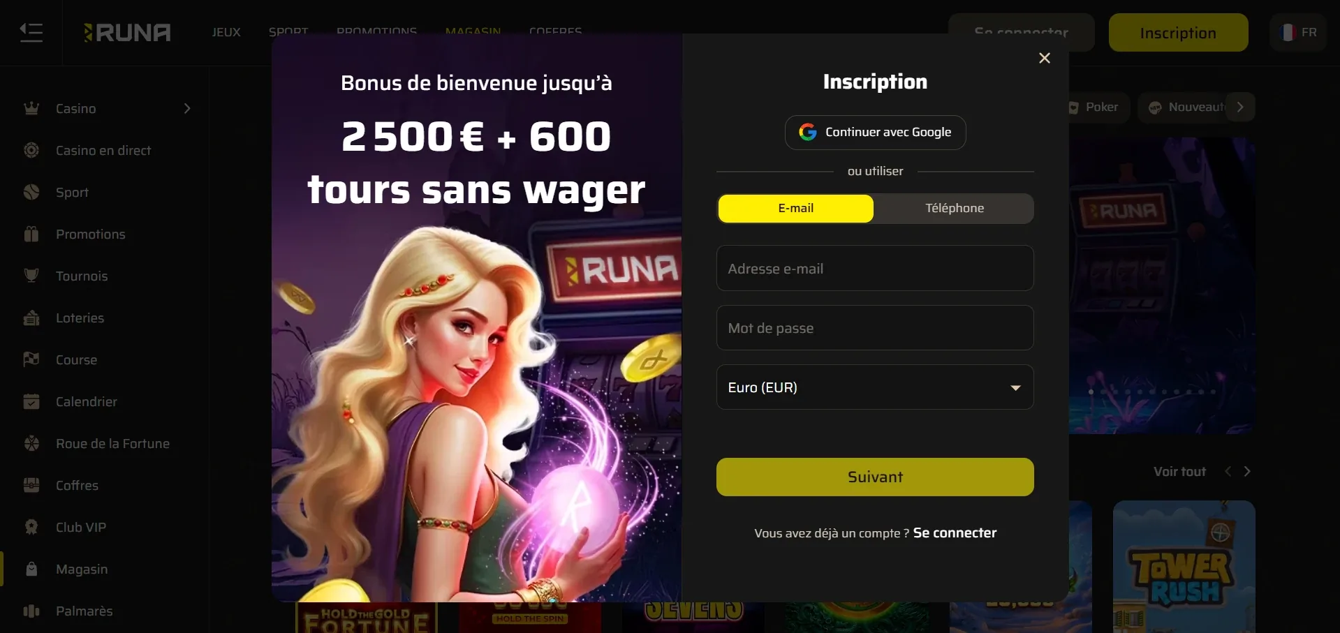 Formulaire d'inscription Runa Casino